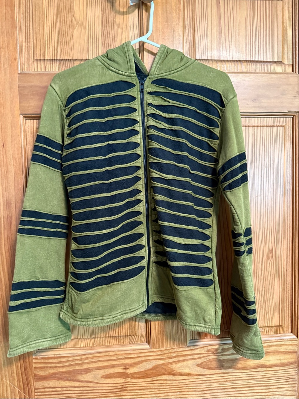 Olive Green and Black Hooded Zip-Up Jacket
